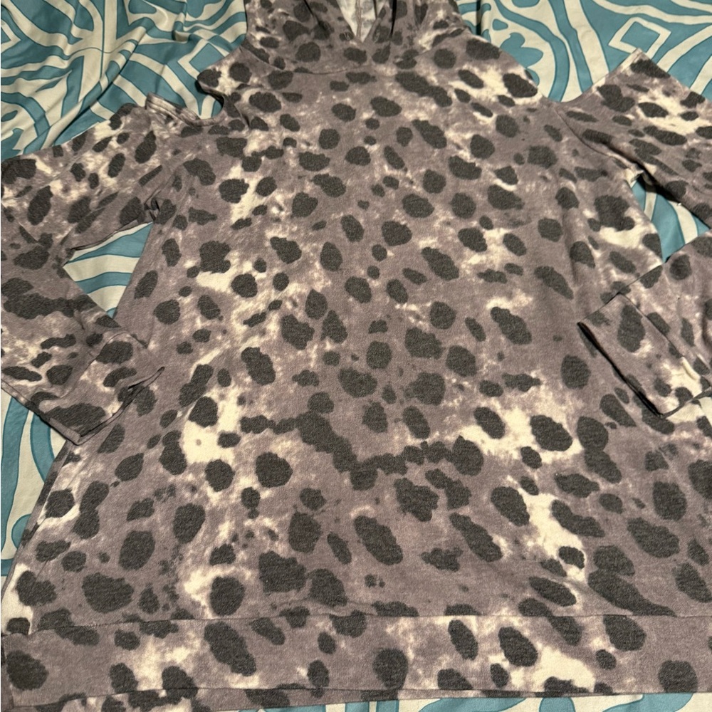Gray and White Leopard Print cold shoulder Hoodie